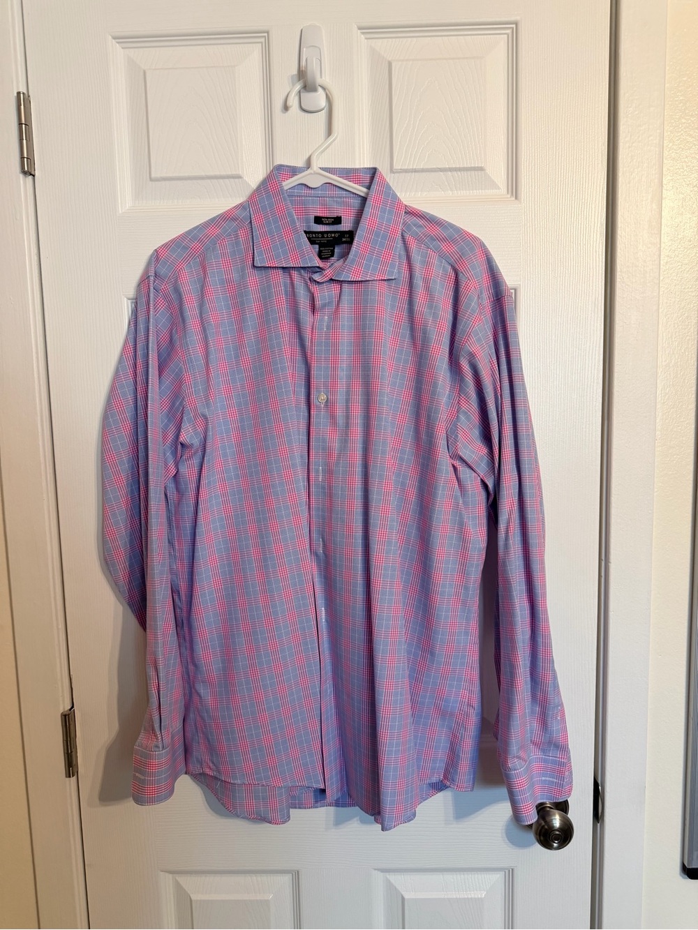 Pronto Uomo Blue and Pink Plaid Men’s Dress Shirt
